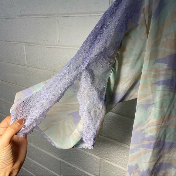 Pretty Sheer Robe Wrap Pajama Loungewear Mesh Floral Purple Green Lingerie Tie M - Picture 6 of 6